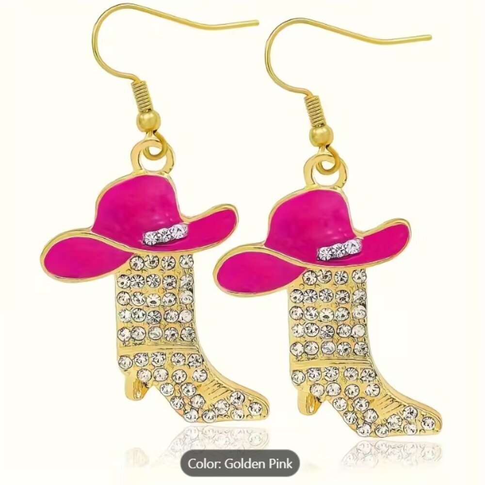 Western Boots Cowgirl Cowboy Enamel Hat Rodeo Drop Pink Crystal Fashion Earrings